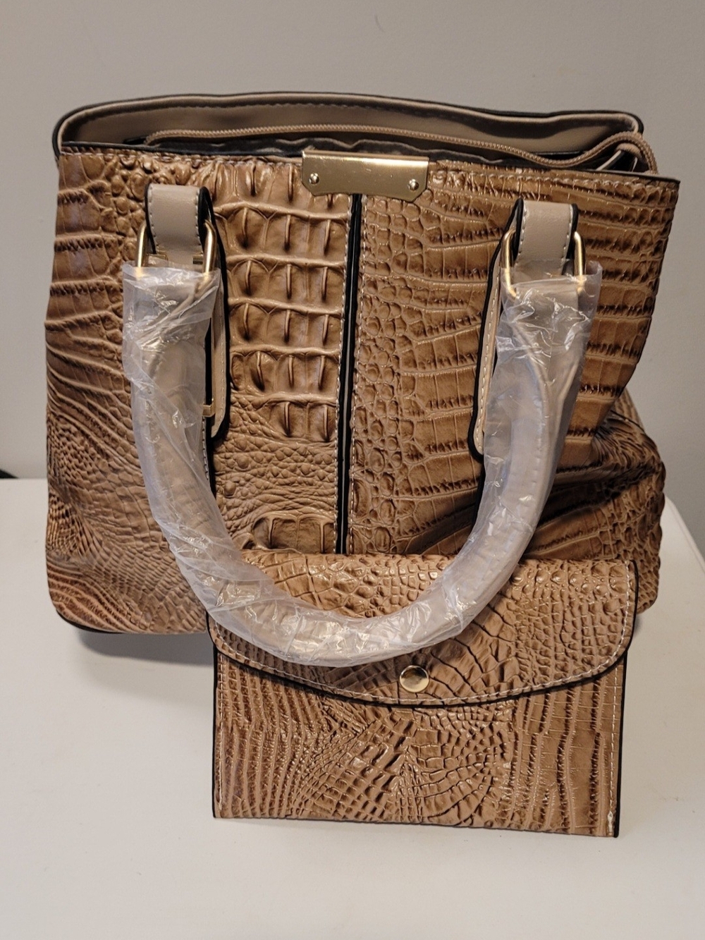 Croc-Embossed Taupe Tote with Matching Wallet - Women Bags